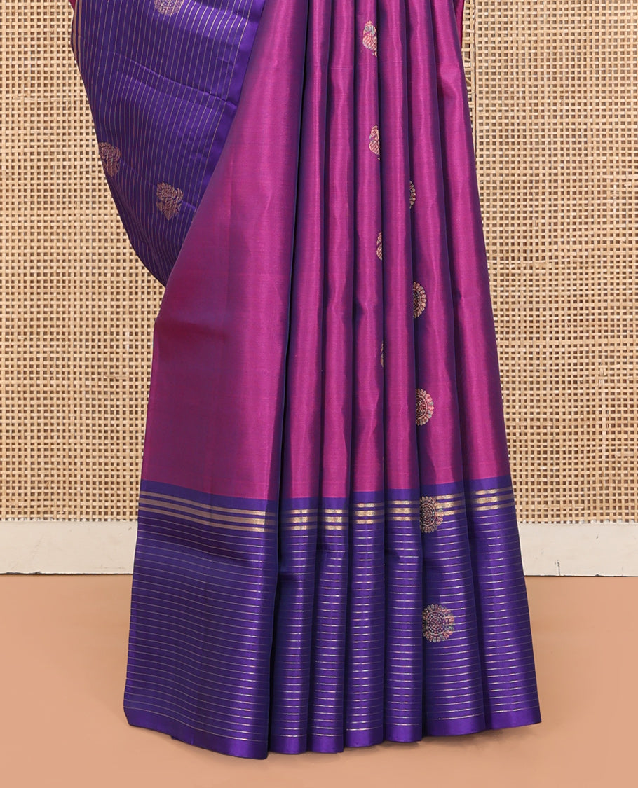 Pink Mayuri Lite Silk Mix Saree, Elevated with Mayil-Chakram Buttas, Complemented By Contrast Striped Border of Mayil-Chakram Design, an Intricate Pallu, and a Contrast Blouse