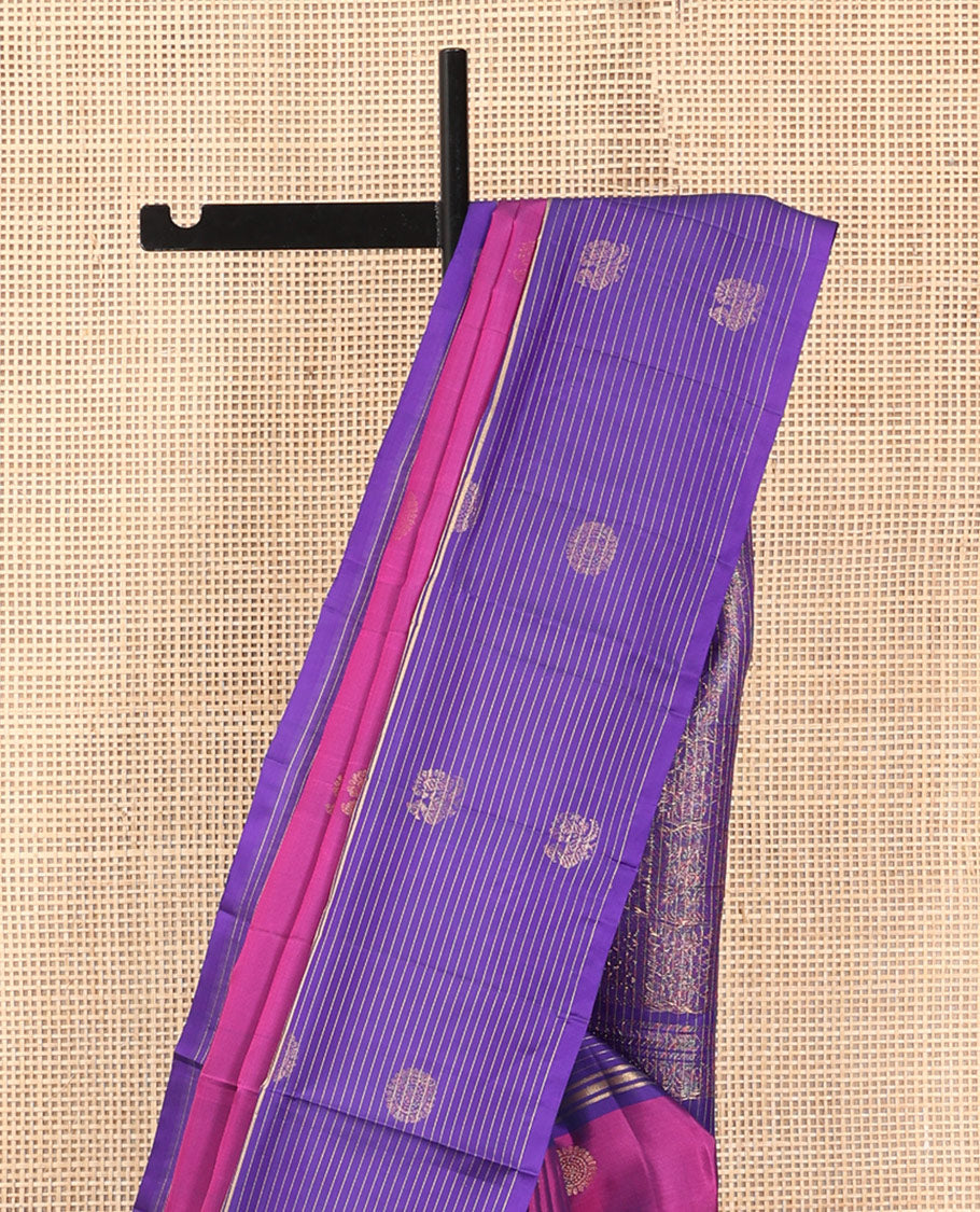 Pink Mayuri Lite Silk Mix Saree, Elevated with Mayil-Chakram Buttas, Complemented By Contrast Striped Border of Mayil-Chakram Design, an Intricate Pallu, and a Contrast Blouse