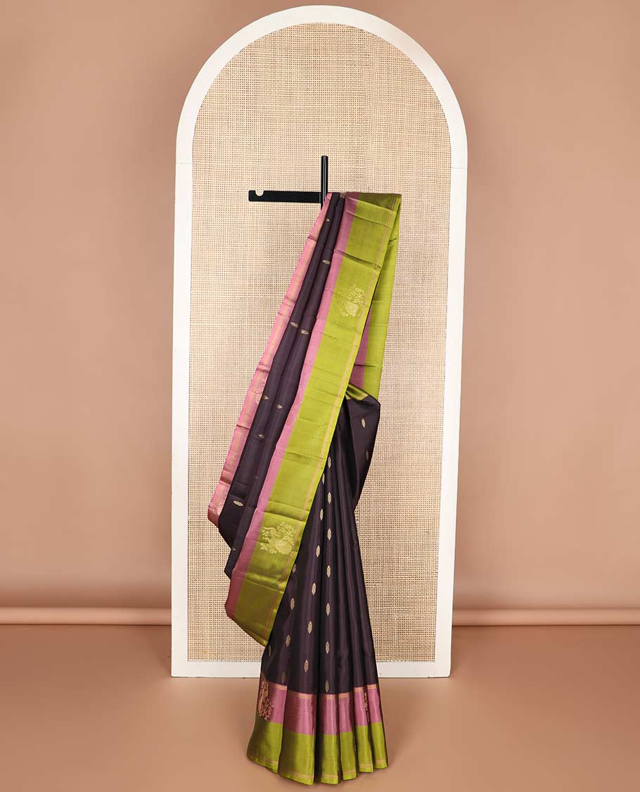 Violet motifs mayuri soft silk saree with contrast floral design border & floral jaal design pallu