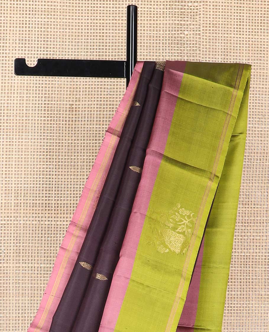 Violet motifs mayuri soft silk saree with contrast floral design border & floral jaal design pallu