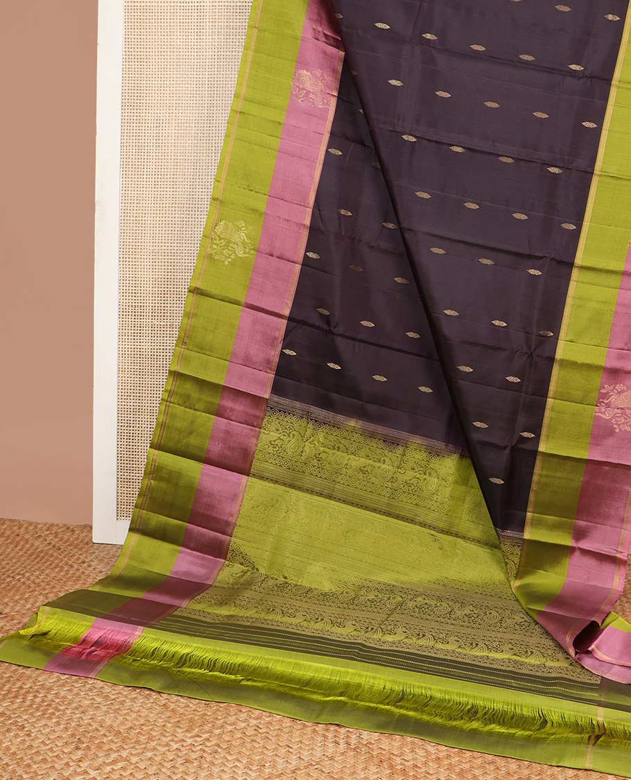 Violet motifs mayuri soft silk saree with contrast floral design border & floral jaal design pallu