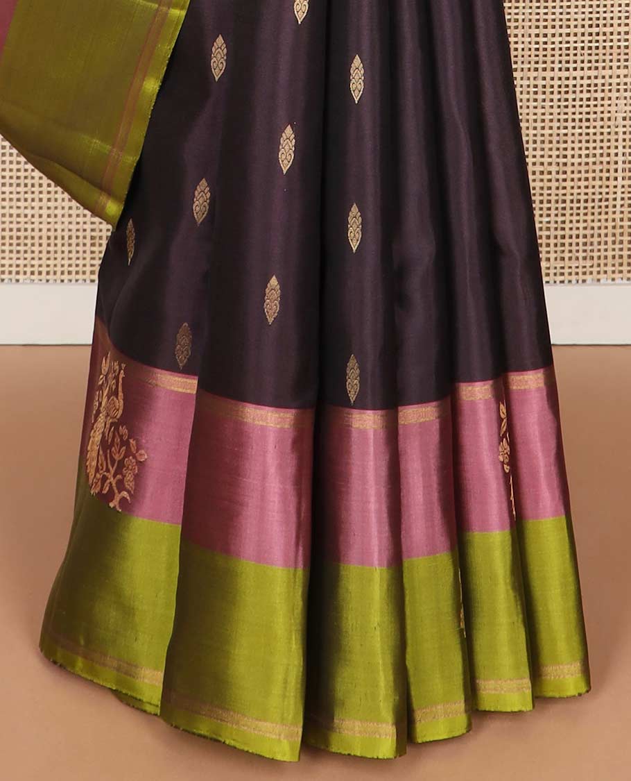 Violet motifs mayuri soft silk saree with contrast floral design border & floral jaal design pallu