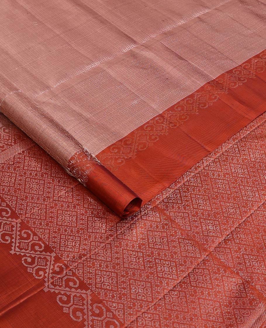 Brown geometric patterned soft silk saree, contrast unique design border, and pallu of jaal design
