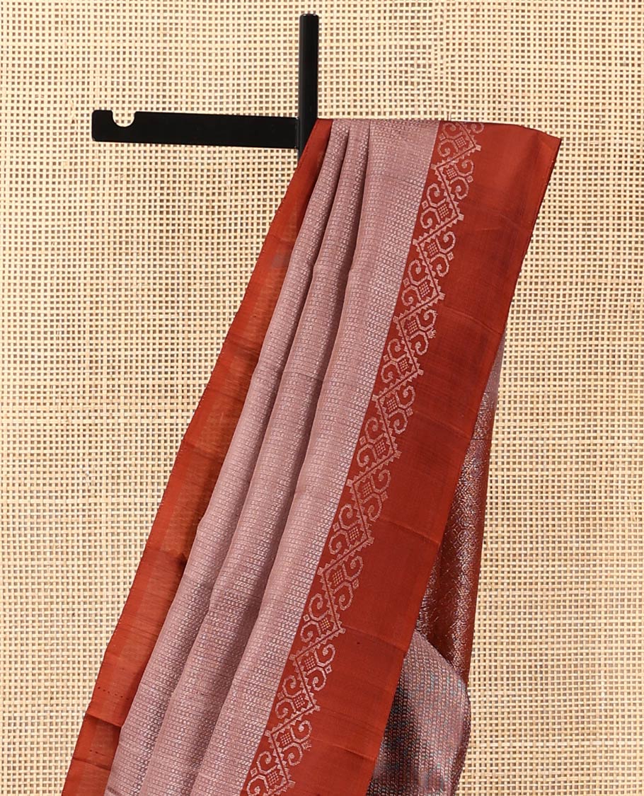 Brown geometric patterned soft silk saree, contrast unique design border, and pallu of jaal design