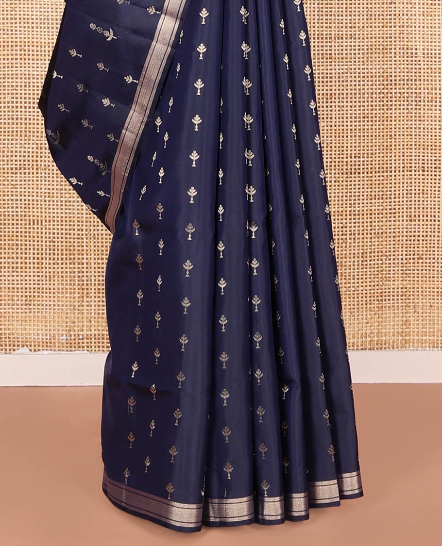 Blue Mayuri Soft Silk Saree, Beautified with Zari Buttas, Highlighted by Zari Piping Border, Pallu of Jamdani-Style Floral and Chevron Designs, and Paired with Matching Blouse