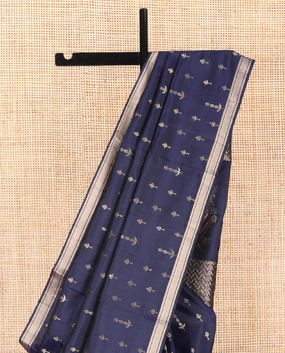 Blue Mayuri Soft Silk Saree, Beautified with Zari Buttas, Highlighted by Zari Piping Border, Pallu of Jamdani-Style Floral and Chevron Designs, and Paired with Matching Blouse