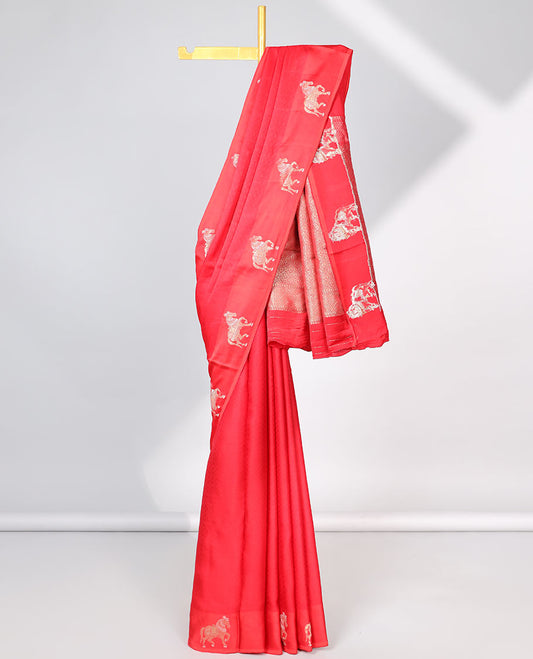Red  striped mushru silk saree with animal motifs border & intricate jaal design pallu