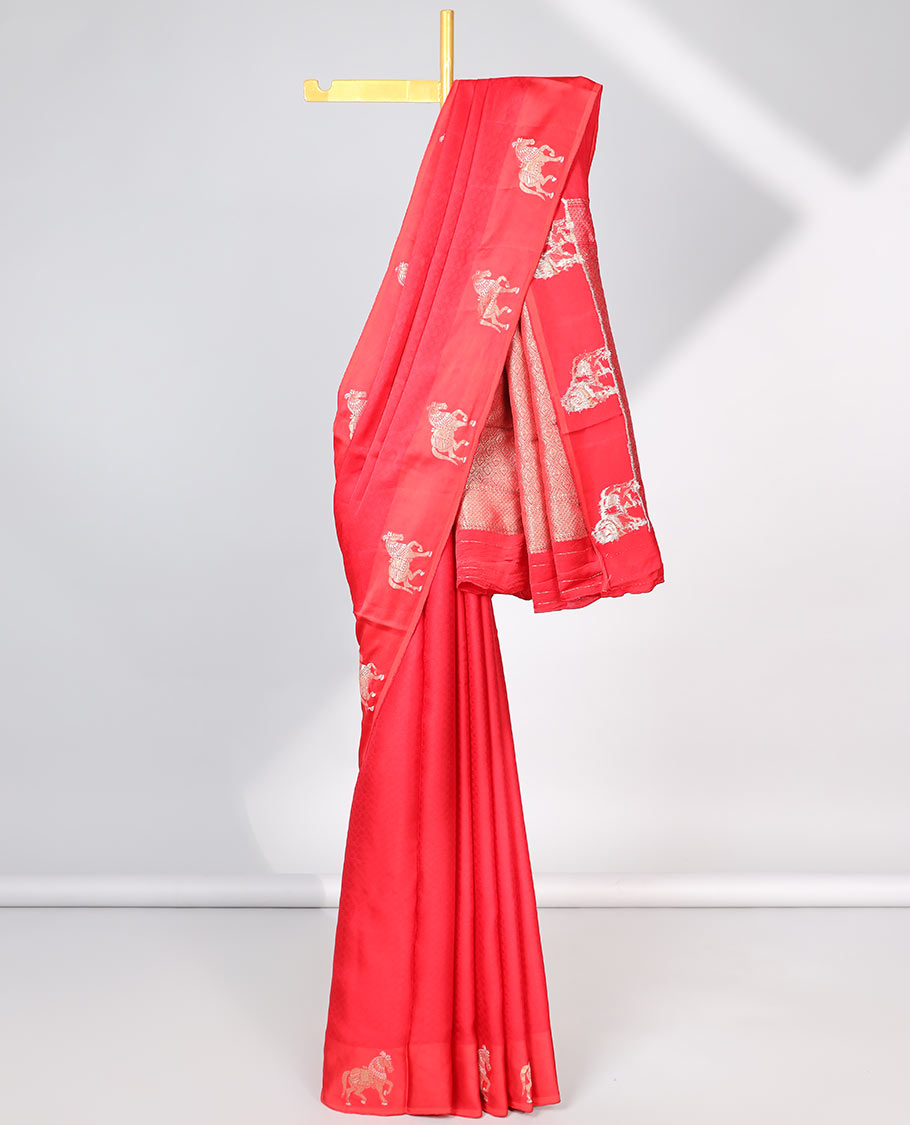 Red striped mushru silk saree with animal motifs border & intricate jaal design pallu