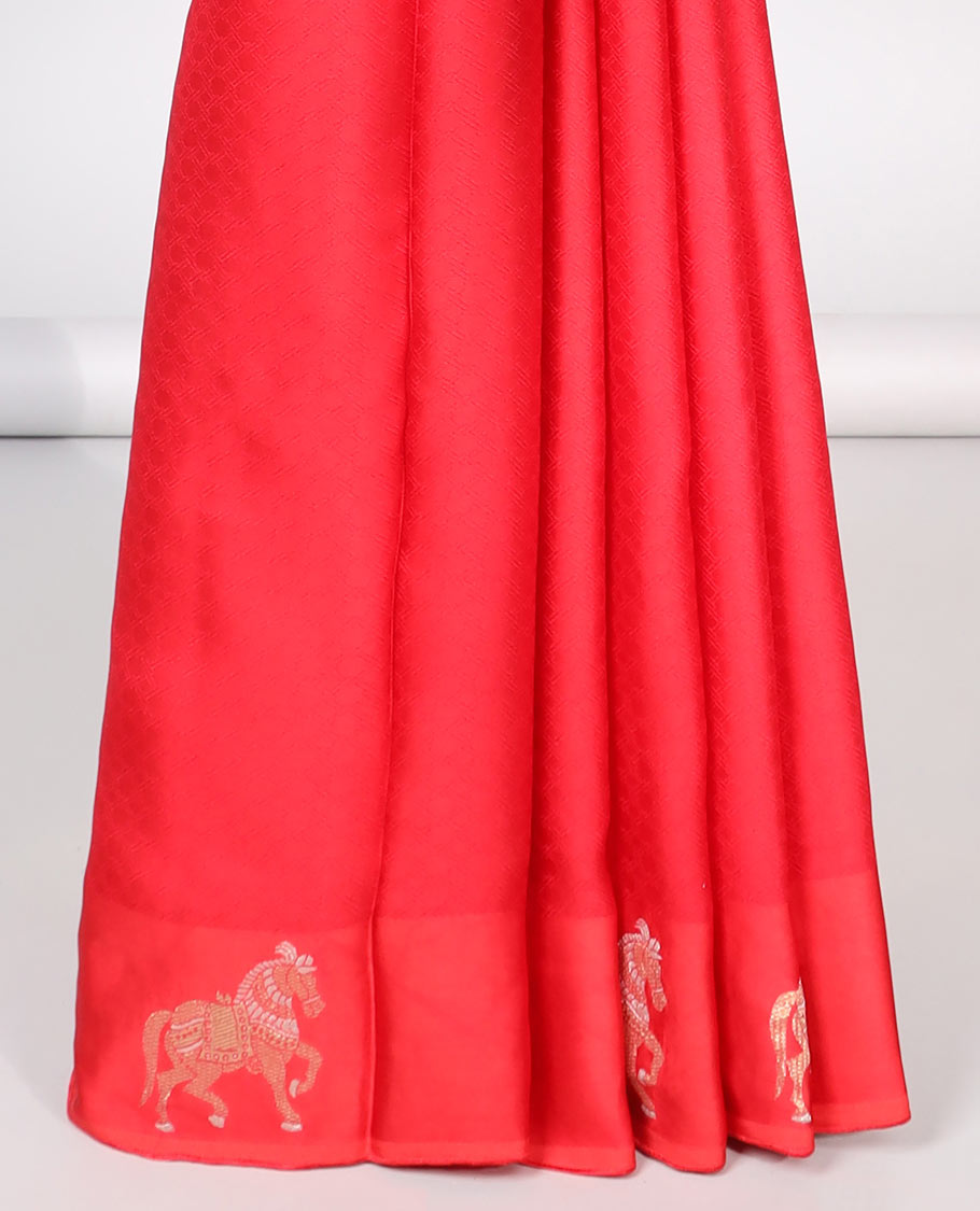Red striped mushru silk saree with animal motifs border & intricate jaal design pallu