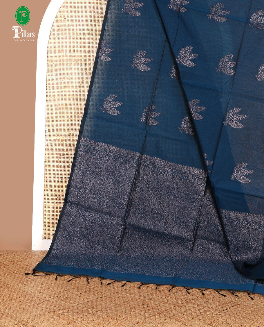 Borderless blue thread weaving butta silk cotton saree with rich thread weaving pallu along with plain blouse