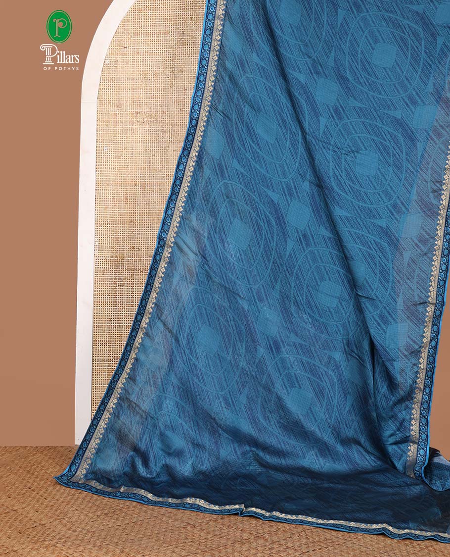 Blue geometric digital print twill chiffon saree with zari weaving border & self pallu along with printed blouse