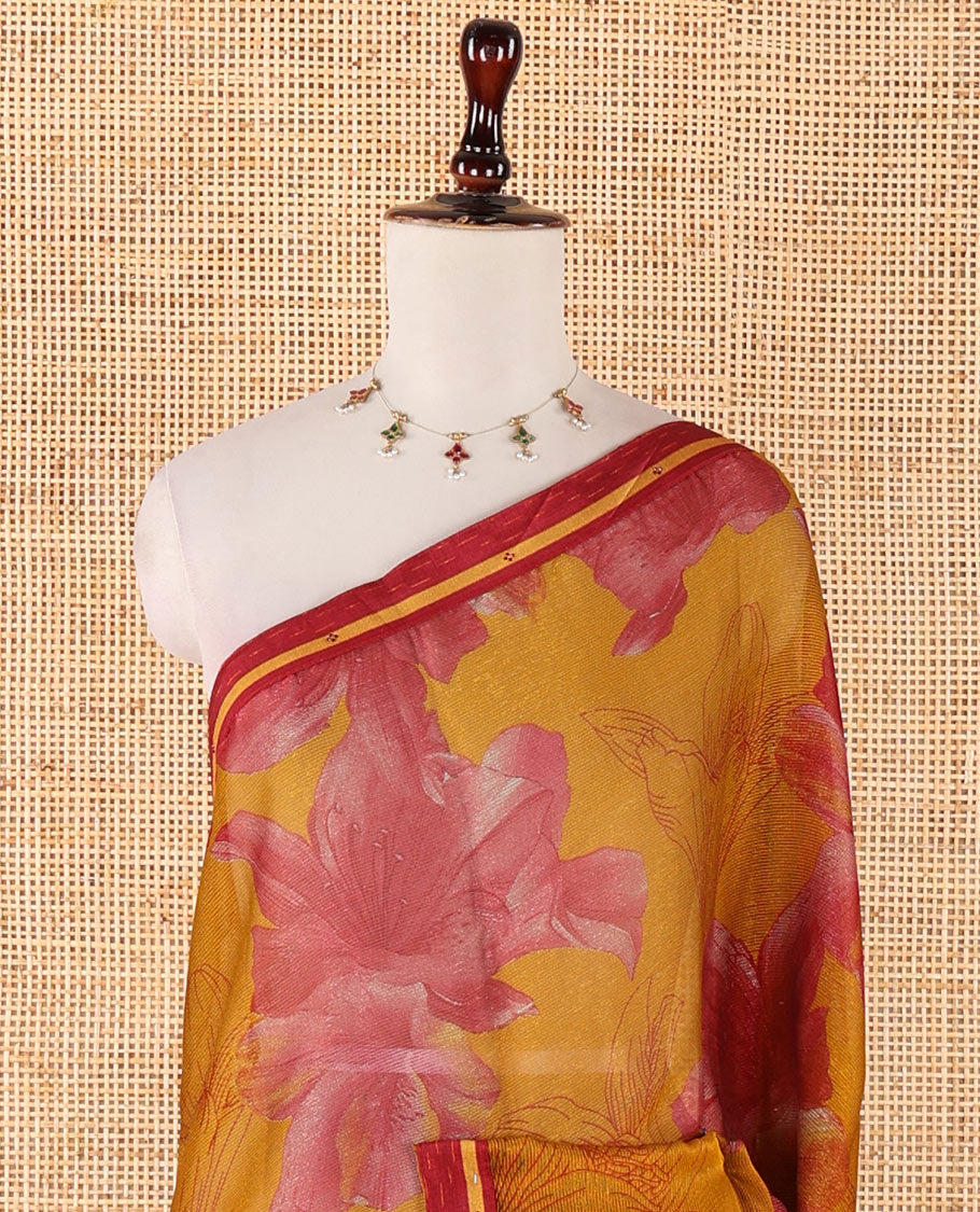 Mustard digital print chiffon shimmer saree with lace border & self pallu along with printed blouse