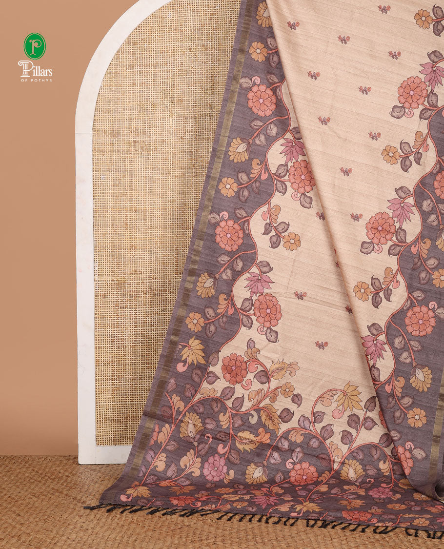 Cream floral motifs printed katan silk saree, contrast grey color border & pallu of kalamkari-style floral vine print