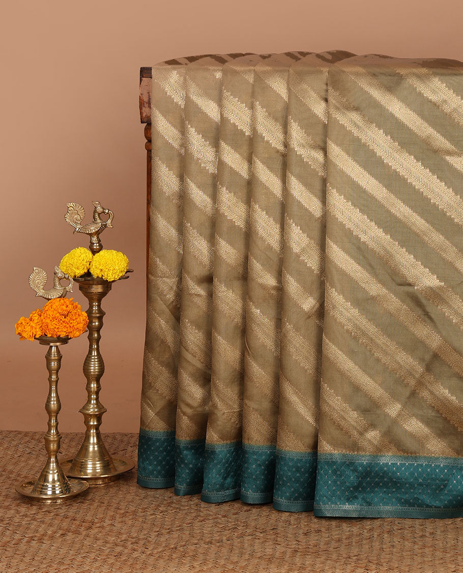 Mehendi green golden zari striped burberry silk saree, contrast zari border & pallu features 1000 dobby-style buttas
