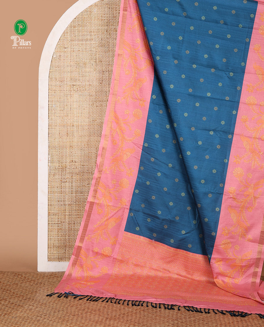 Blue small flower butta printed katan silk saree, contrast flower & parrot motif printed border, printed pallu & blouse