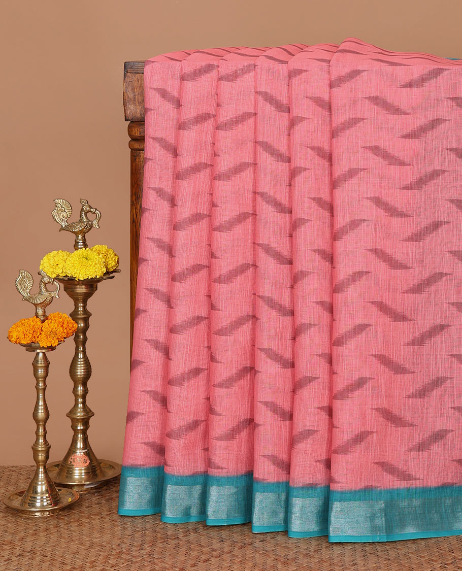 Pink pochampally-style geometric printed linen saree, contrast zari bavanji border & pochampally geometric printed pallu & blouse