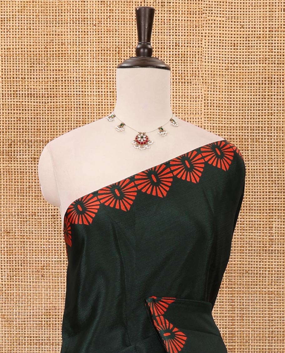 Green plain design turkey crepe saree, triangle motif printed border, leaf-like shape printed pallu & printed blouse