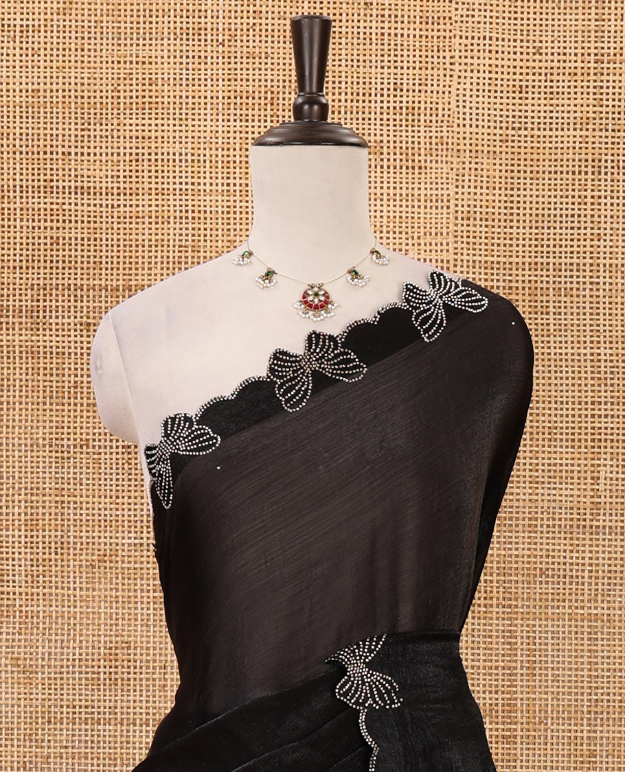 Black full-plain Fendi chiffon saree, scallop butterfly-style Swarovski stone work border & stone work matching blouse