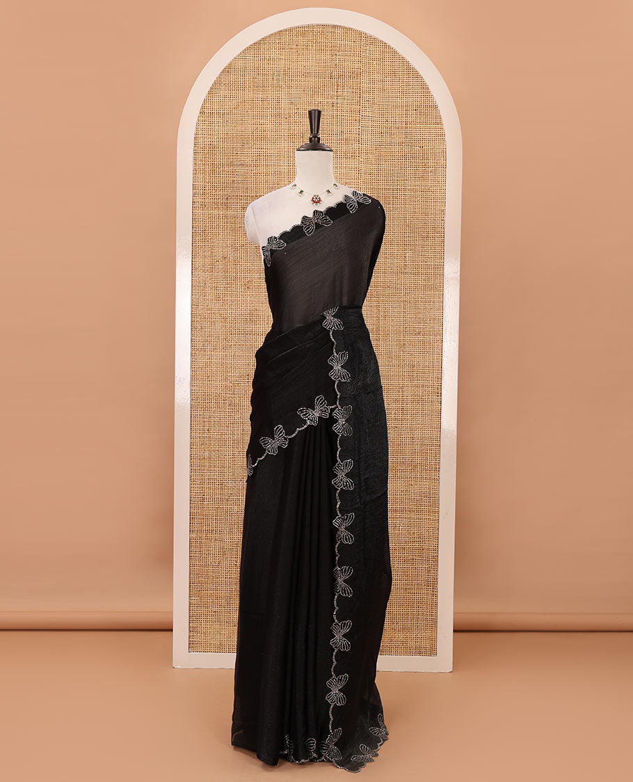 Black full-plain Fendi chiffon saree, scallop butterfly-style Swarovski stone work border & stone work matching blouse
