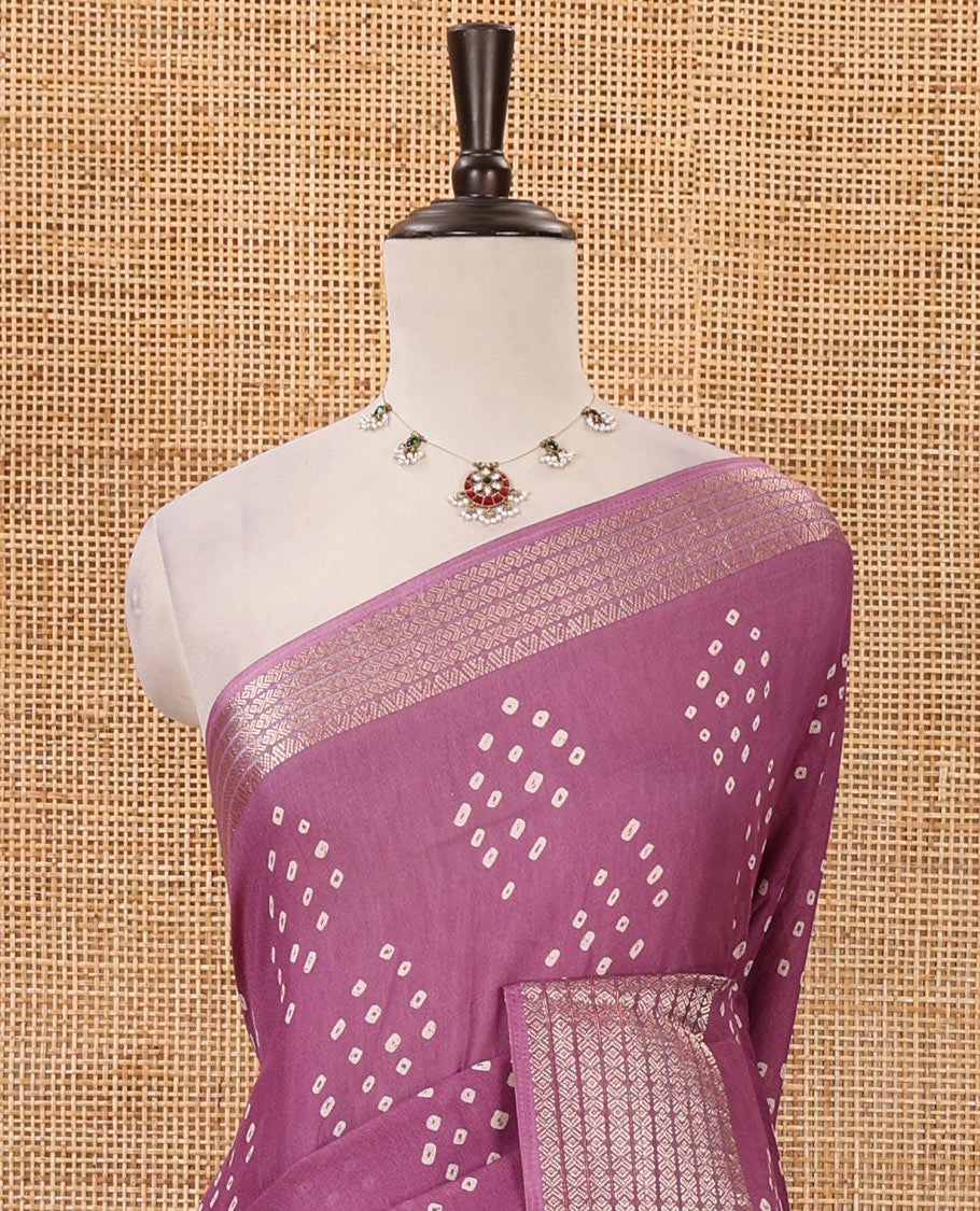 Purple Bandhani motifs printed viscose moss chiffon saree, zari design border, shibori-style pallu & blouse of zari & print work