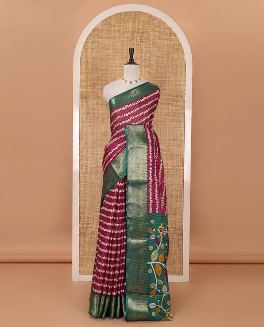 Wine zari striped & uniquely printed soft tusser saree,contrast traditional zari border,kalamkari floral print pallu & zari design blouse