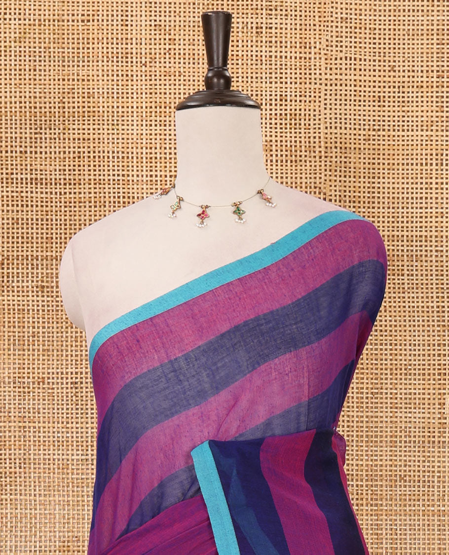 Navy blue horizontal striped khadi cotton saree, contrast piping border & matching horizontal striped blouse