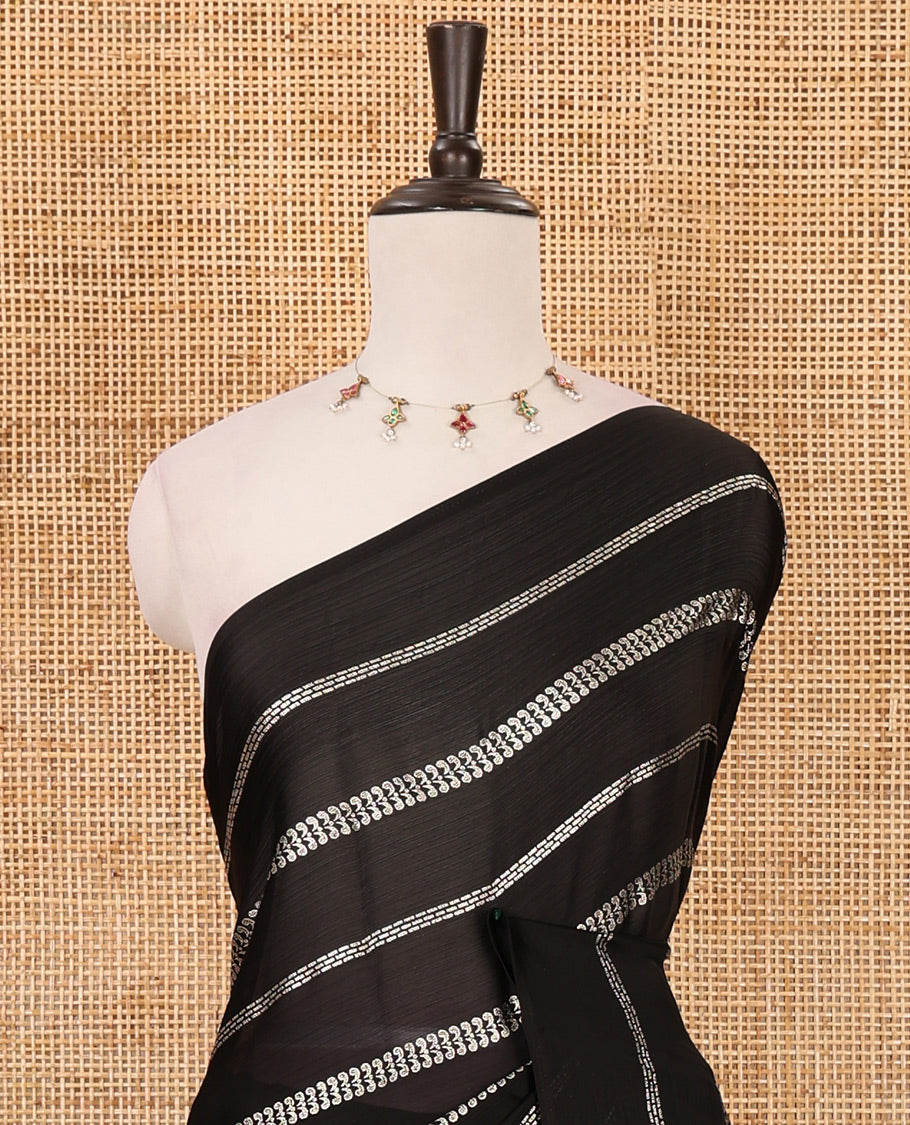 Borderless black horizontal-style stripes foli printed Fendy chiffon saree