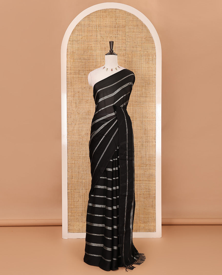 Borderless black horizontal-style stripes foli printed Fendy chiffon saree
