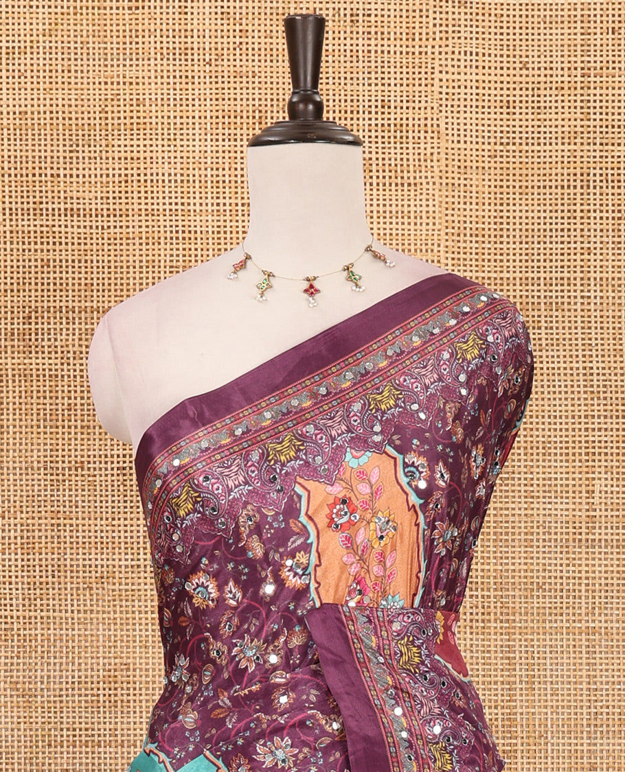 Purple geometric patterns kaleidoscope-colored printed & mirror embroidered half-&-half masakali saree, printed border & pallu of embroidery work & plain blouse