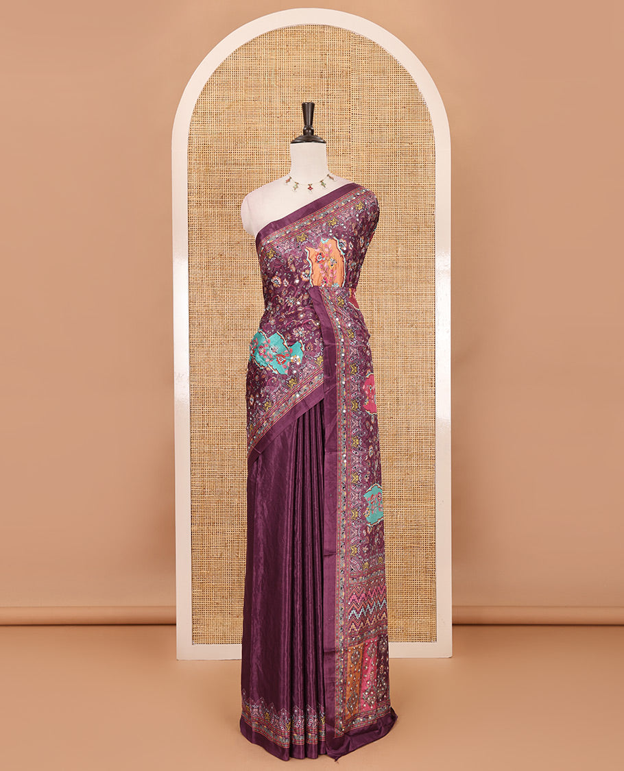 Purple geometric patterns kaleidoscope-colored printed & mirror embroidered half-&-half masakali saree, printed border & pallu of embroidery work & plain blouse