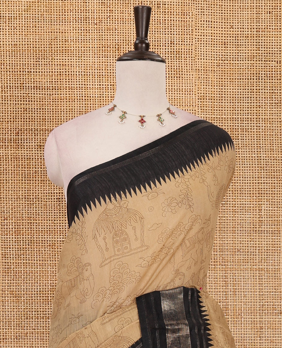 Chikku kalamkari-style flora-fauna printed mercerised cotton saree, contrast temple zari border, kalamkari peacock printed pallu & contrast printed blouse