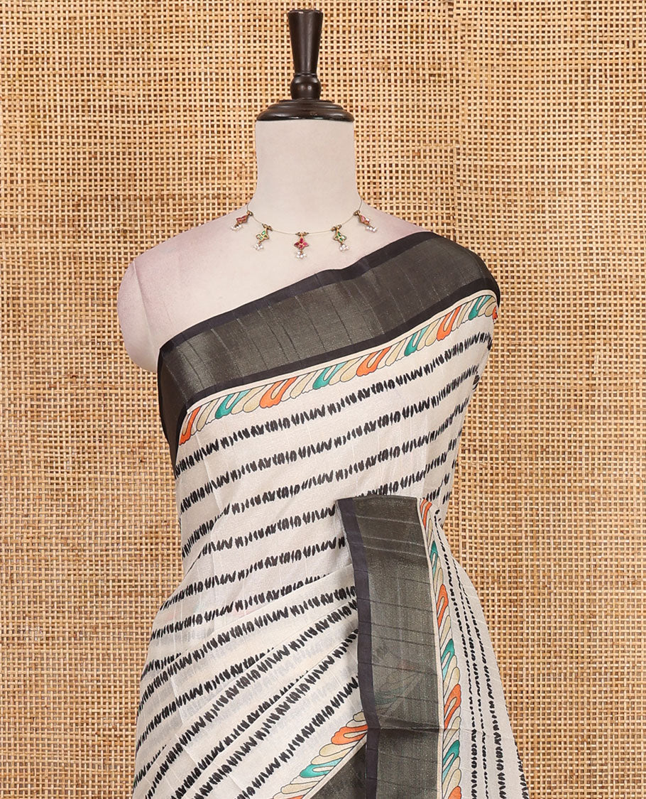 Sandal shibori-style printed soft-tussar saree, contrast zari border, kalamkari peacock printed pallu & kalamkari floral vine print contrast blouse