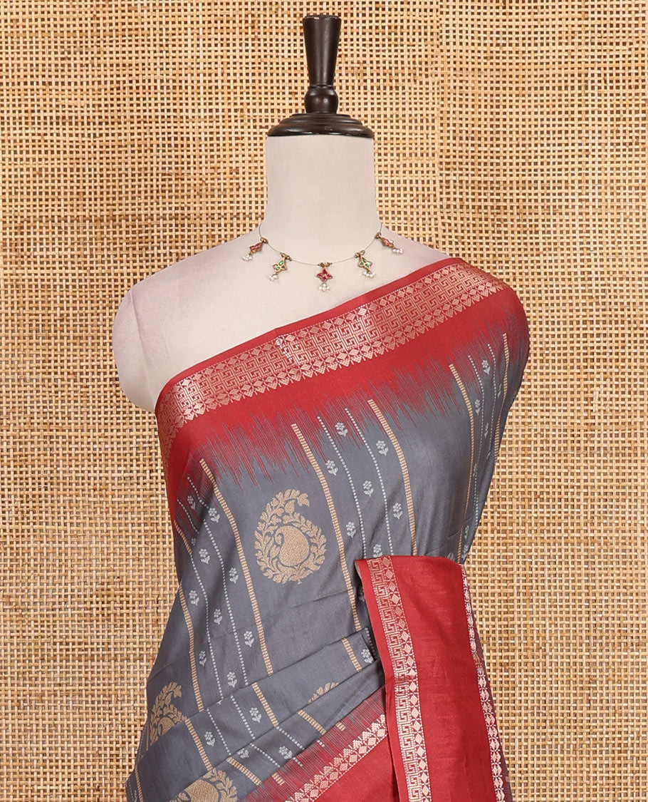 Steel grey floral, manga and striped katan silk saree, contrast rettai pettu temple border of diamond and Greek key design, jaal pallu, and contrast printed blouse