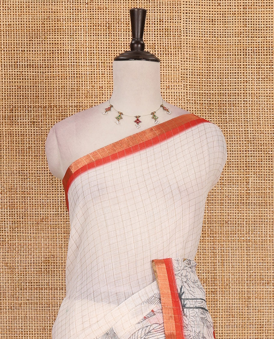 White with orange zari checks linen saree with contrast border and unique designs of pallu along with contrast plain blouse