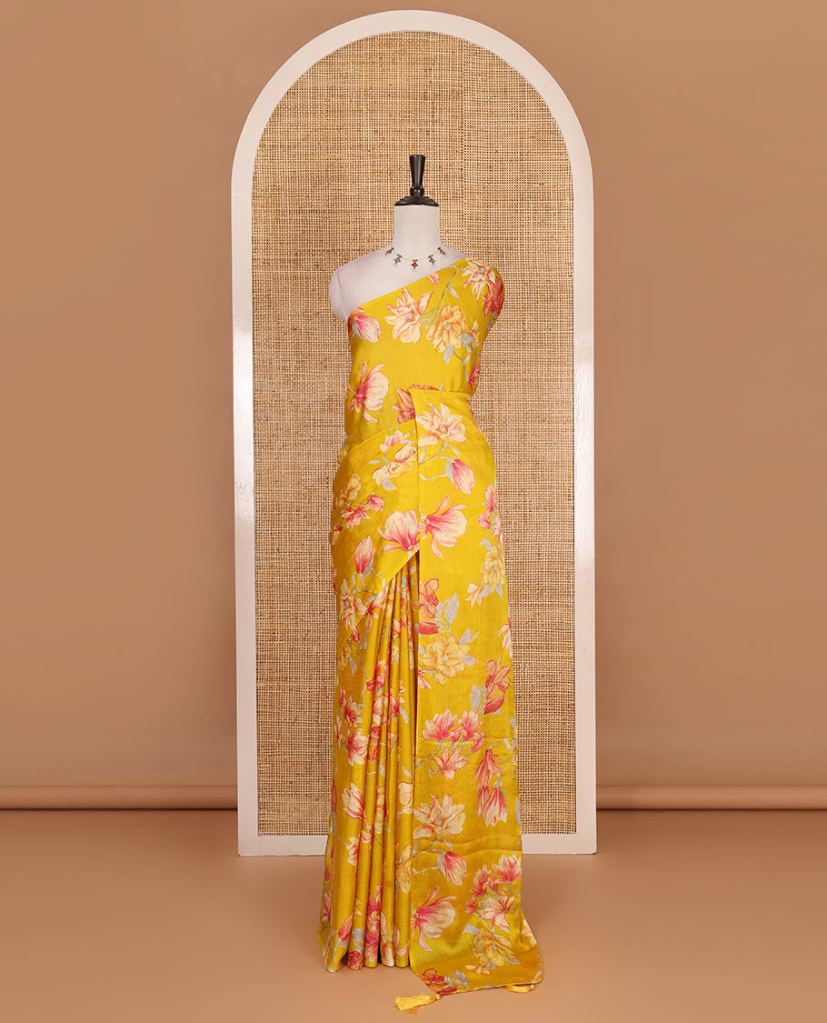 Borderless yellow lily style floral motifs digital printed nara chiffon saree, contrast plain blouse