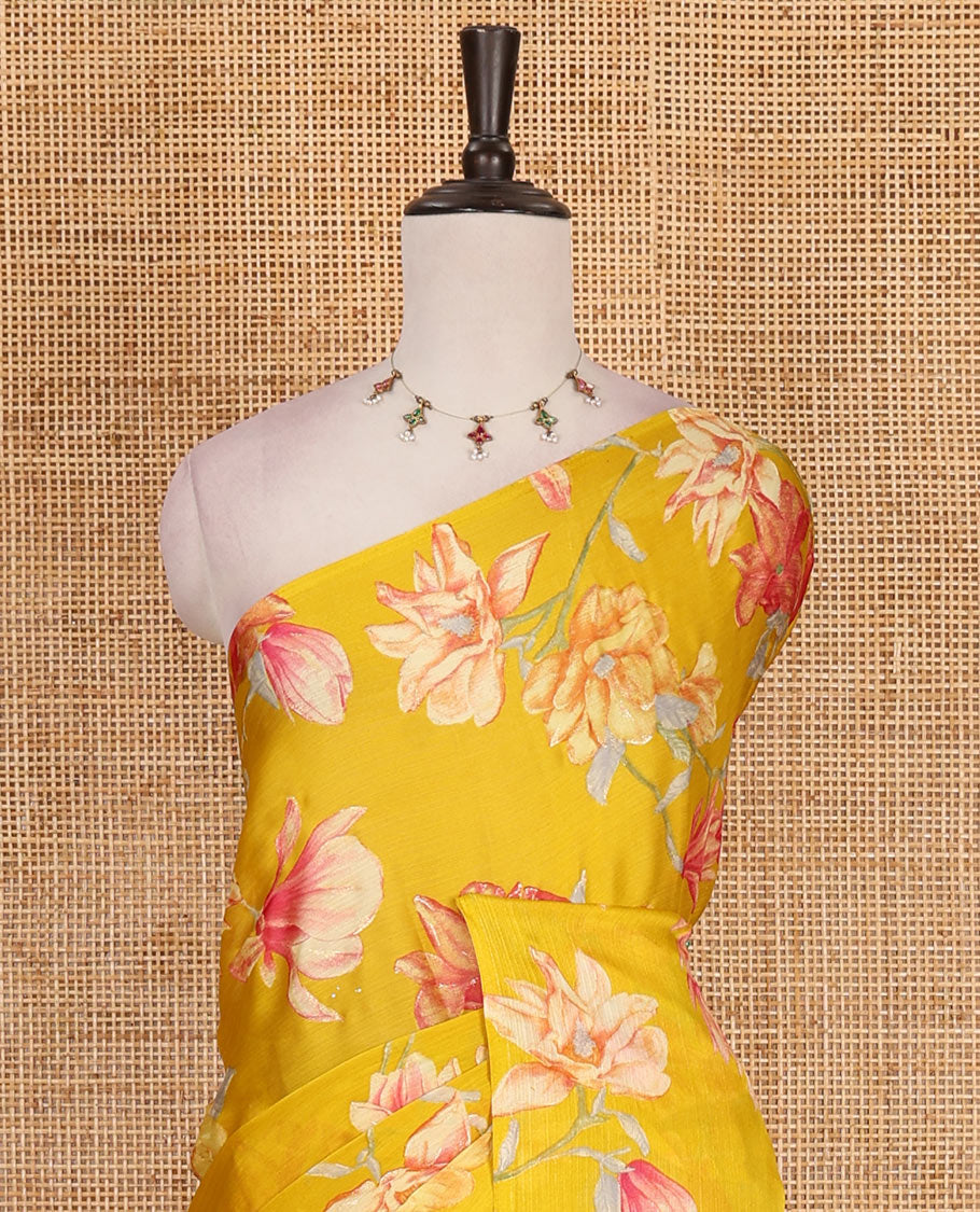 Borderless yellow lily style floral motifs digital printed nara chiffon saree, contrast plain blouse