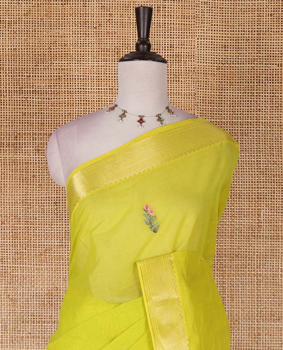 Green floral motifs, thread embroidered mangalagiri cotton saree, traditional zari border, pallu of giraffe, and floral embroidery, and matching blouse