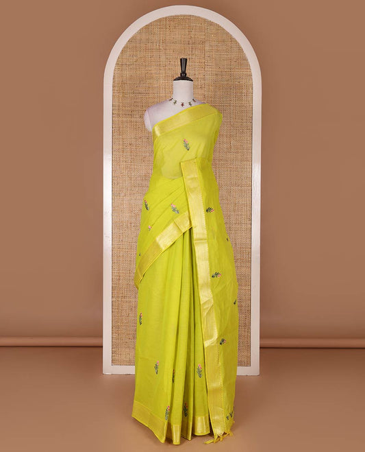 Green floral motifs, thread embroidered mangalagiri cotton saree, traditional zari border, pallu of giraffe, and floral embroidery, and matching blouse