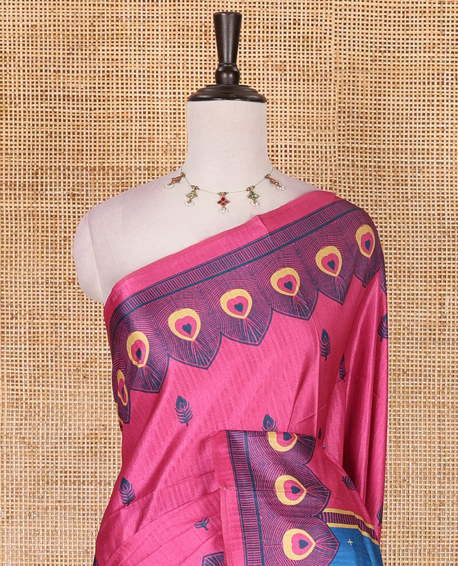 Pink peacock feathers motifs printed katan silk saree, peacock feathers printed border, contrast Radha Krishna stories printed pallu, and contrast printed blouse
