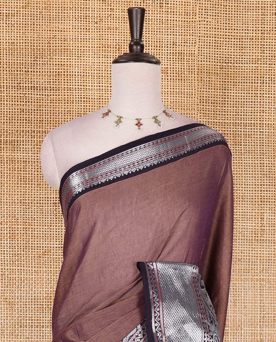 Lavender plain mercerised cotton saree, contrast traditional zari border of elephant and peacock designs, striped pallu, and plain blouse