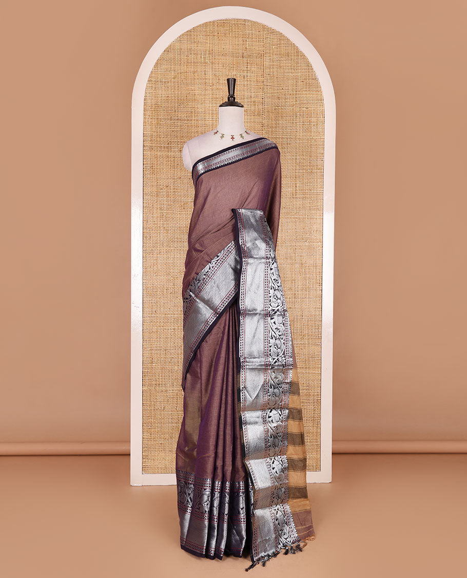 Lavender plain mercerised cotton saree, contrast traditional zari border of elephant and peacock designs, striped pallu, and plain blouse