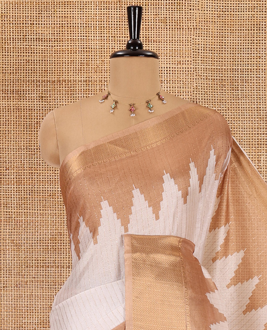 Cream vertical striped dola silk saree, contrast temple traditional zari design border, striped pallu, and a matching blouse