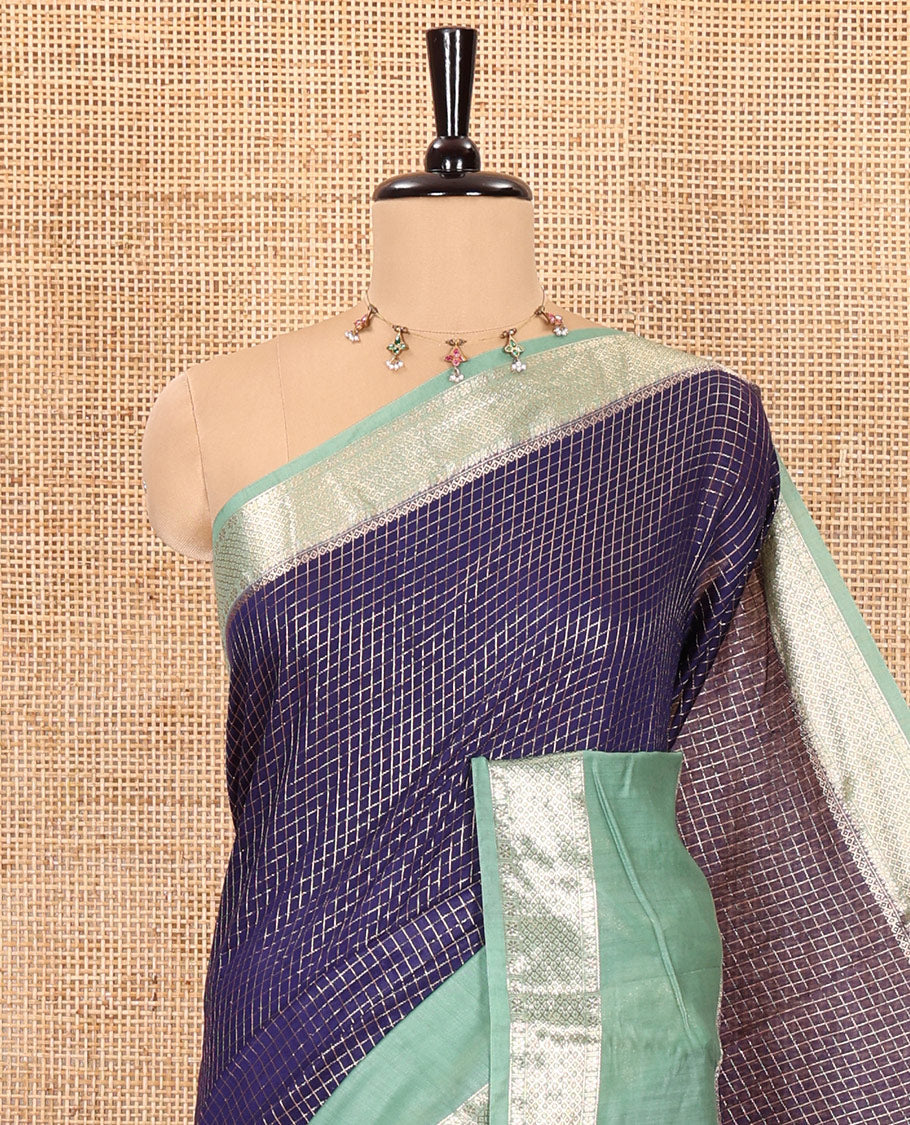 Navy blue zari checked Assam cotton saree, contrast traditional zari design border, zari design pallu, and a contrast zari design blouse