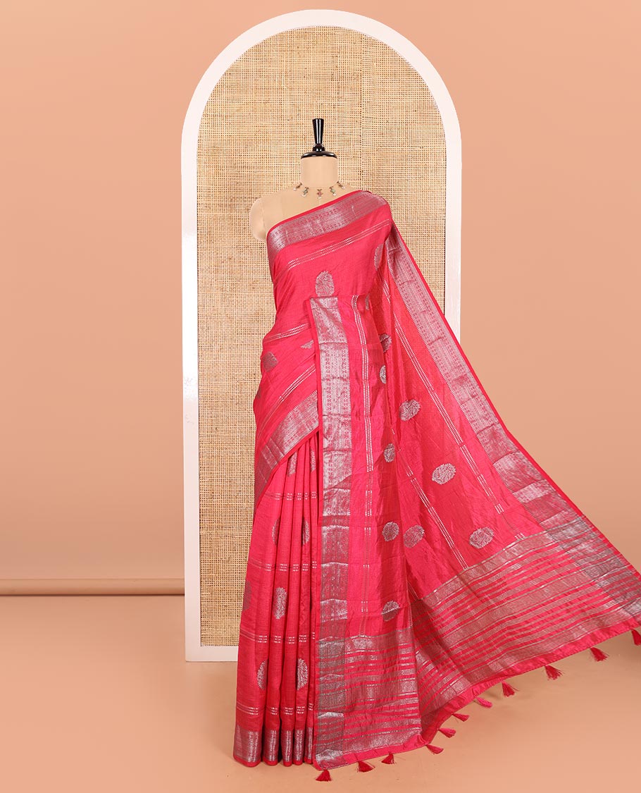 Rani Pink Semi-Tussar Saree Elevated with Gold Zari Stripes and Elegant Paisley Zari Buttas, Featuring a Subtly Shimmering Pallu Adorned with Traditional Zari Designs, and Paired with a Matching Blouse