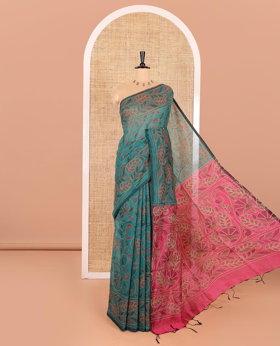 Peacock Green Khadi Cotton Saree Embellished with Kalamkari-Style Paisley-Floral Prints, Subtly Sparkled with Self-Border of Floral Creeper Designs, Complemented by Contrast Paisley-Floral Vine Pallu, and Paired with a Contrast Printed Blouse