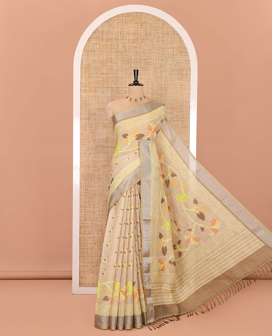 Chikku Linen Cotton Saree, Prettified with Leaf Vine Printed on Its Body, Contrast Bavanji Border, Printed Pallu, and Paired with a Contrast Blouse