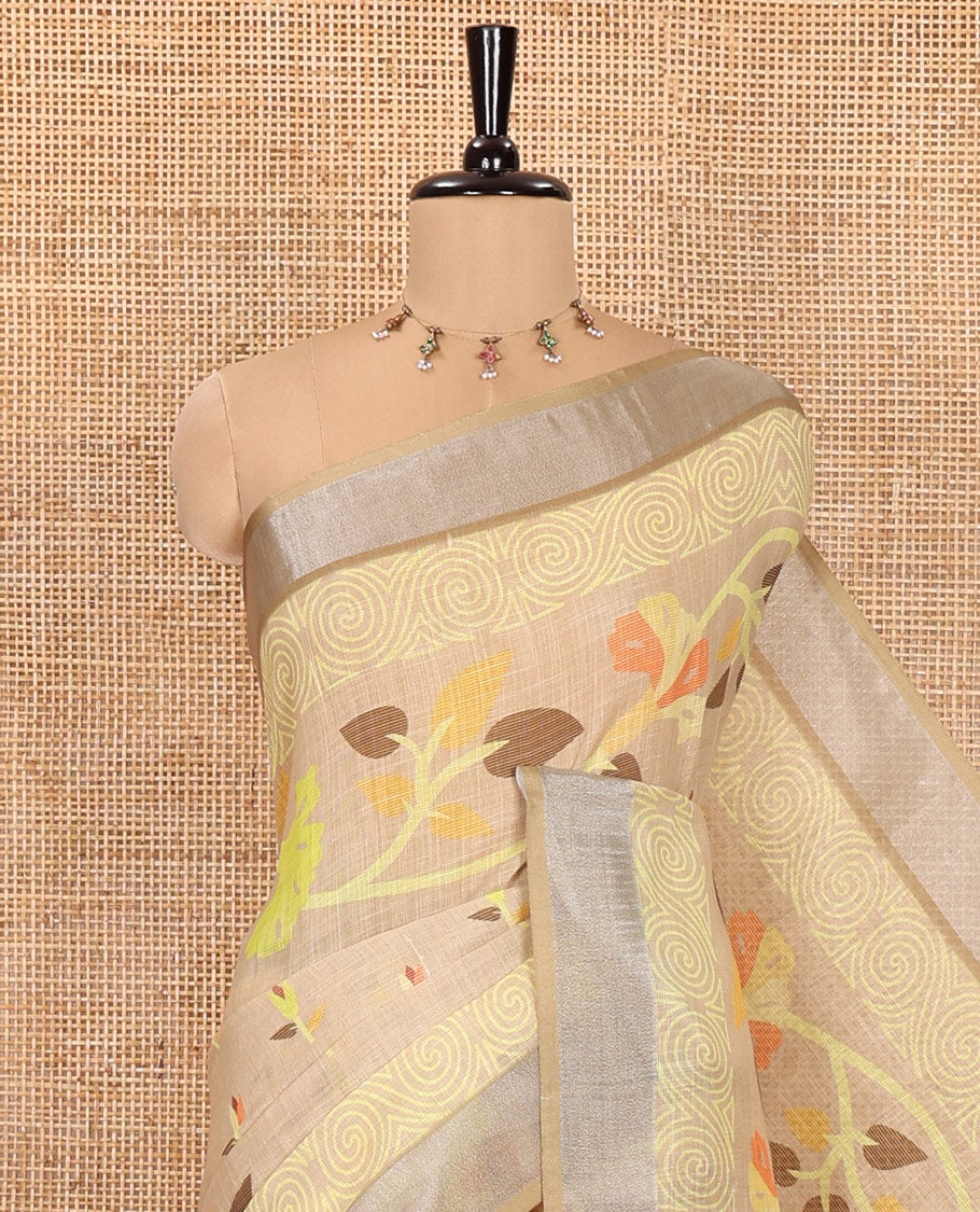 Chikku Linen Cotton Saree, Prettified with Leaf Vine Printed on Its Body, Contrast Bavanji Border, Printed Pallu, and Paired with a Contrast Blouse