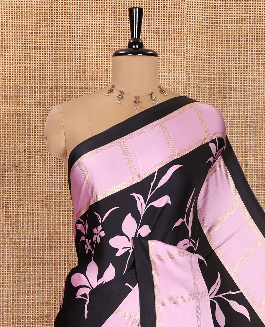 Black and Pink Satin Crepe Saree, Adorned with Floral Vine Print All Over Its Body, Complemented by a Contrast Foil Printed Checked Border, Pallu Steeped with Stripes, and Paired with a Matching Blouse