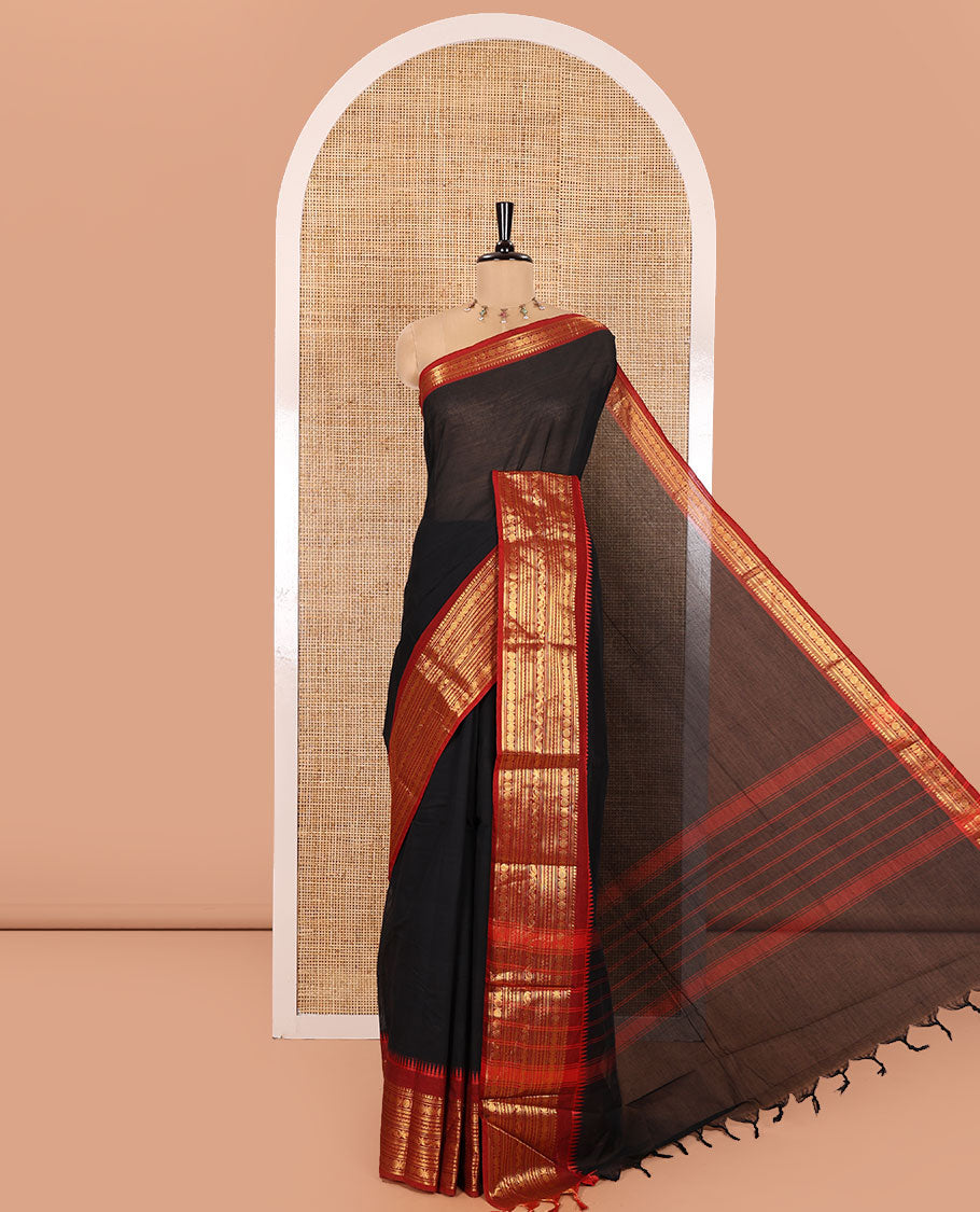 Black Plain Chettinad Cotton Saree, Complemented by a Contrast Traditional Zari Design Woven Border of Rudraksham Designs, Subtly Striped Pallu, and Paired with a Matching Blouse