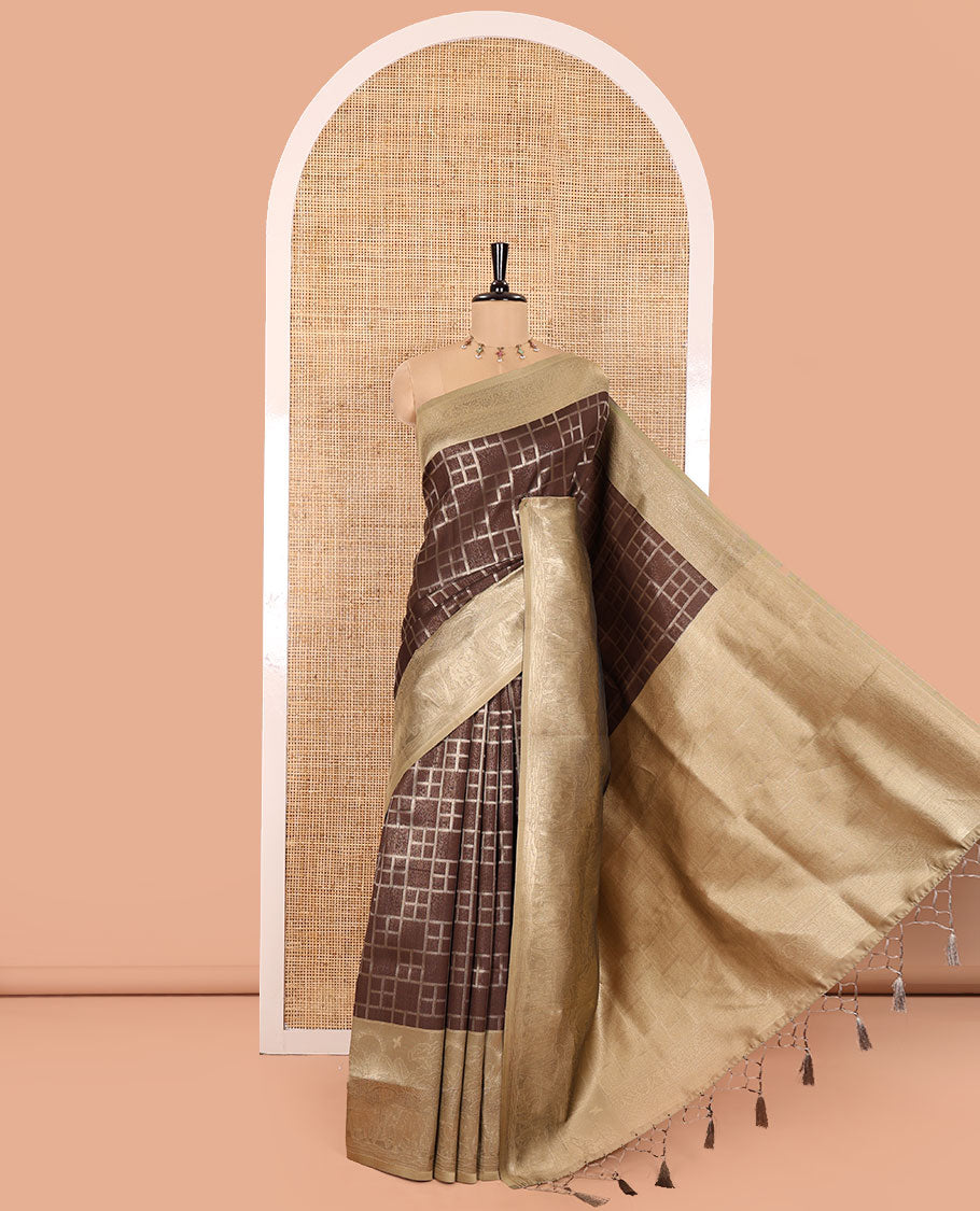 Brown Elite Soft Silk Saree, Highlighted by Checked Design on Its Body, Complemented by a Contrast Border of Jungle-Themed Flora-Fauna Motifs, a Pallu of Checked Design, and Paired with a Contrast Blouse